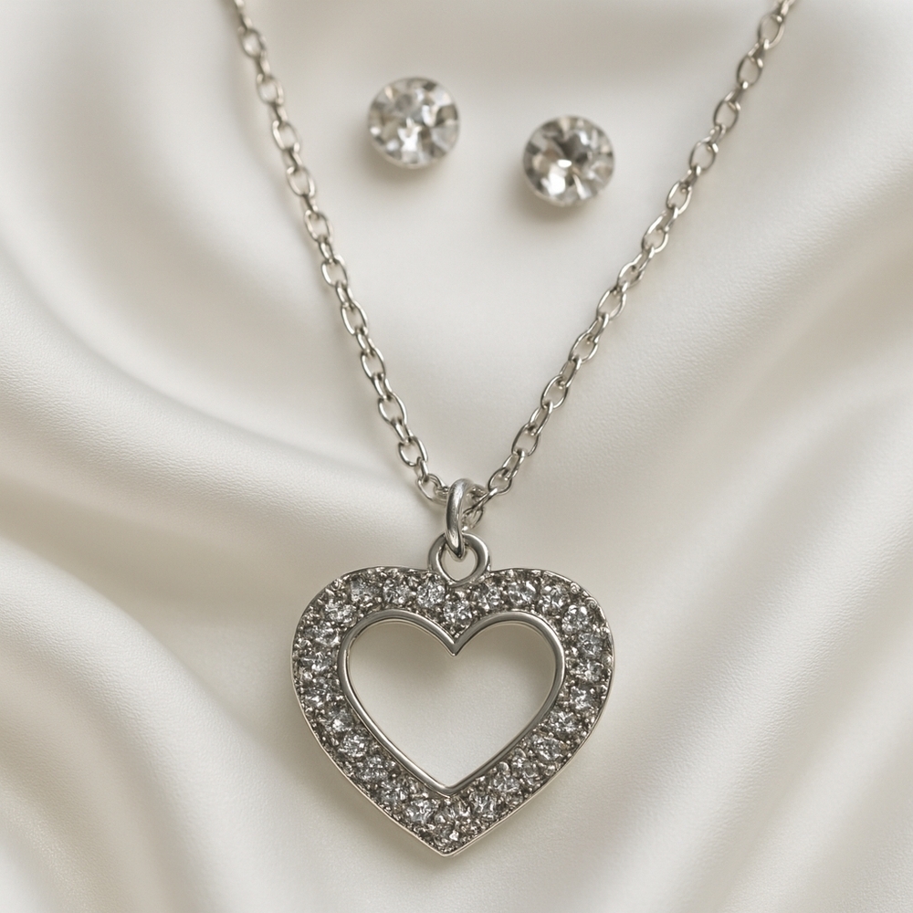 Silver Sparkling Heart Pendant Necklace & Stud Earrings - Women' Fashion Jewelry